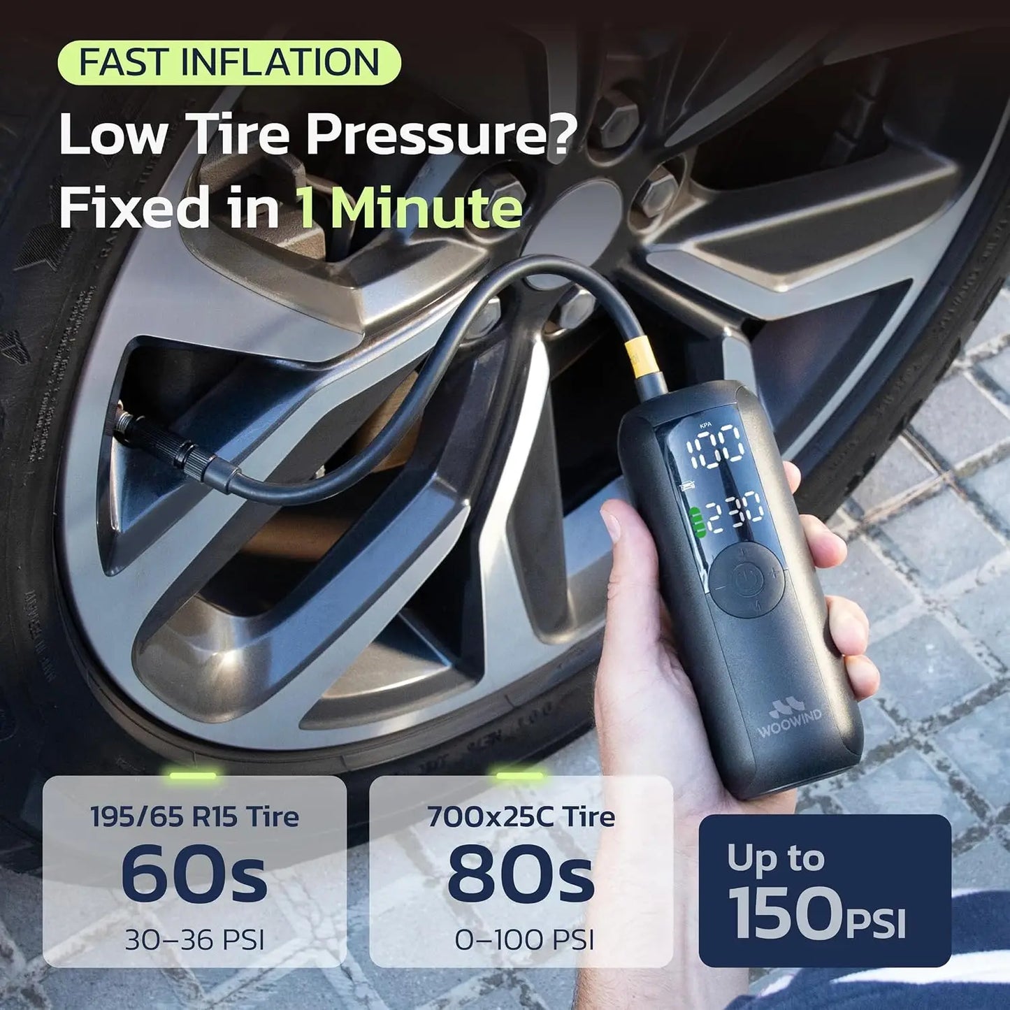 Compressore d'Aria Portatile Gonfiatore per Pneumatici, Pompa per Auto Senza Fili 150PSI con Manometro Digitale, Gonfiaggio Rapido in 1 Minuto per Auto, Bicicletta, Moto, Pallone