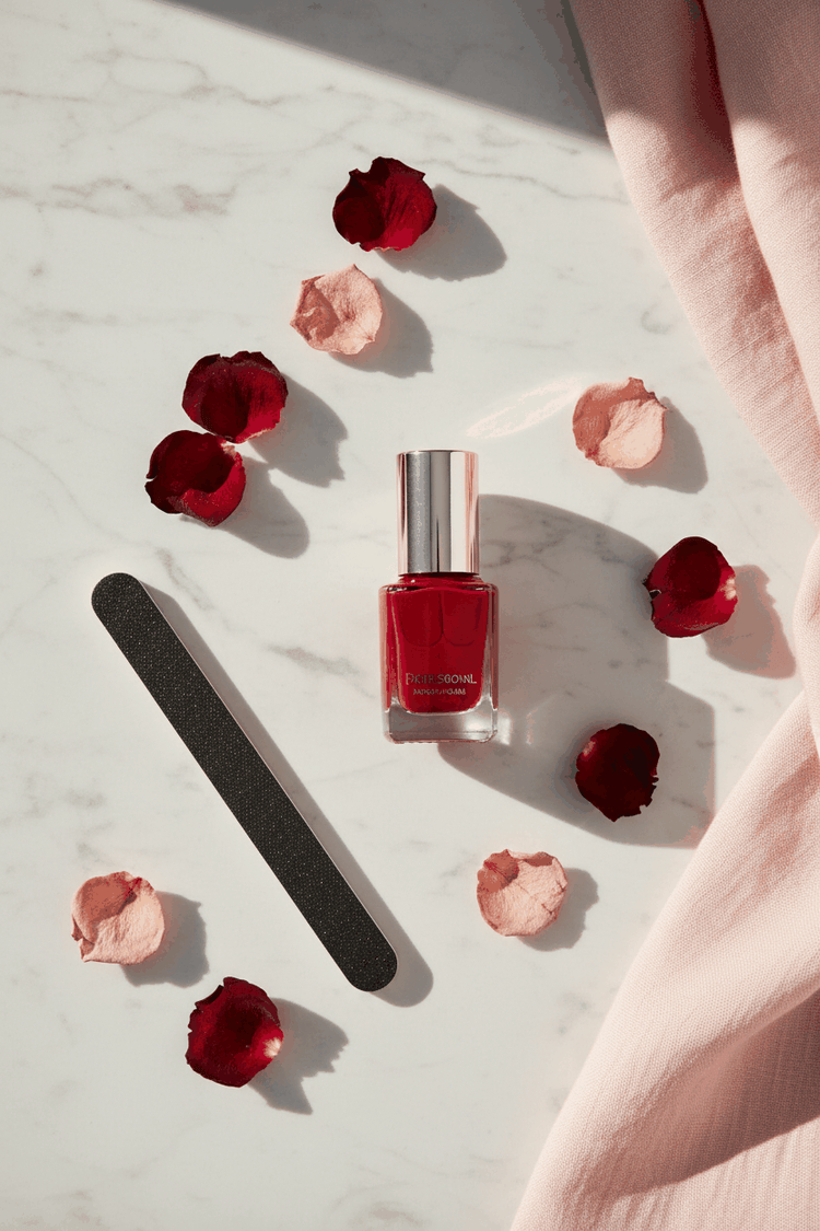 Smalto rosso professionale lifestyle flat lay su marmo bianco con petali di rosa