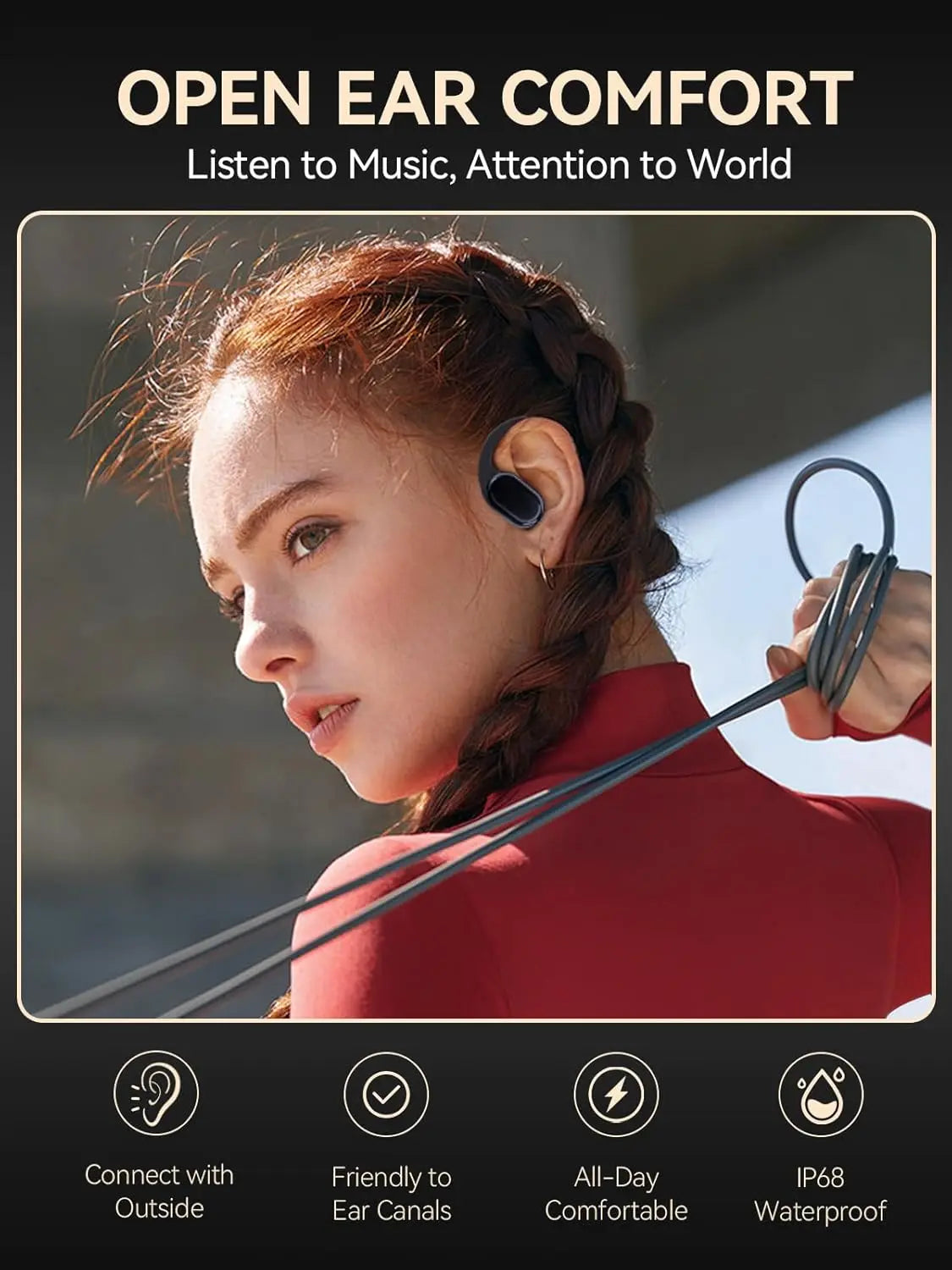 True Bone Conduction Earphones, OWS Open Ear Headphones, Bluetooth 5.3, 60H Playtime, IP68, for Sports
