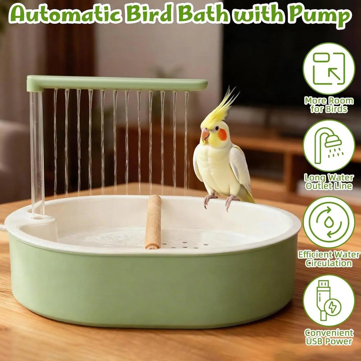Bagno automatico per pappagalli con doccia, vasca per uccelli in gabbia, USB, acqua ricircolante, vasca da bagno per inseparabili e calopsitte, giocattolo per uccelli