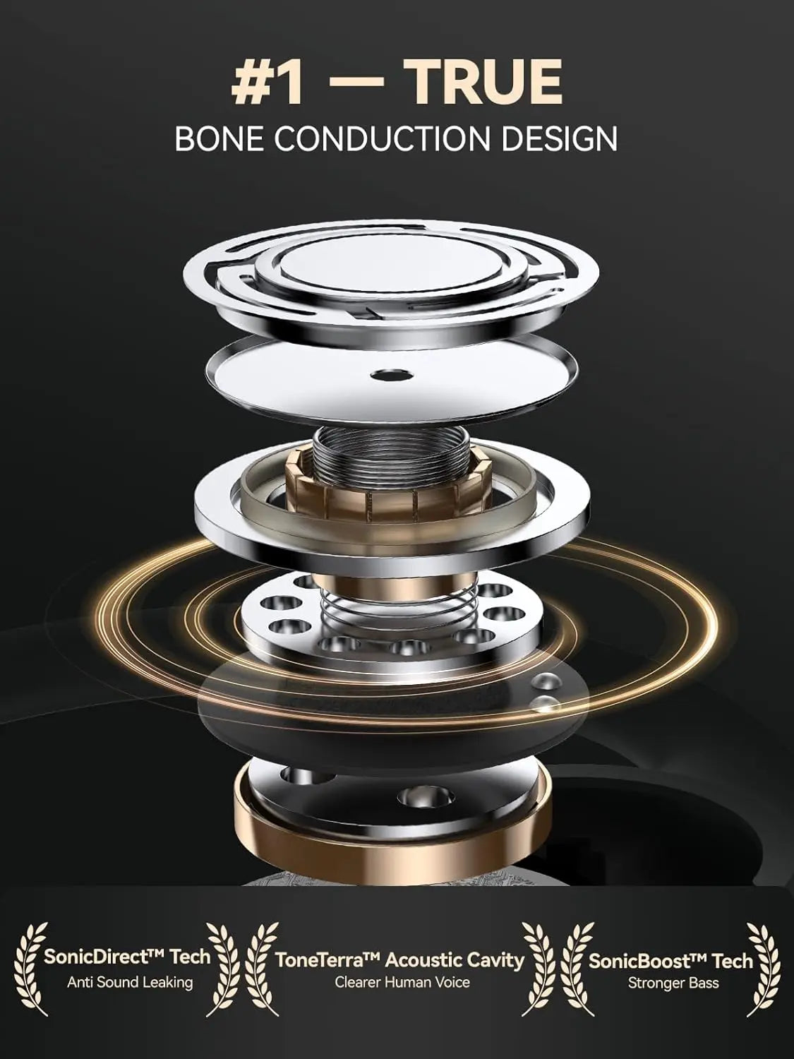 True Bone Conduction Earphones, OWS Open Ear Headphones, Bluetooth 5.3, 60H Playtime, IP68, for Sports