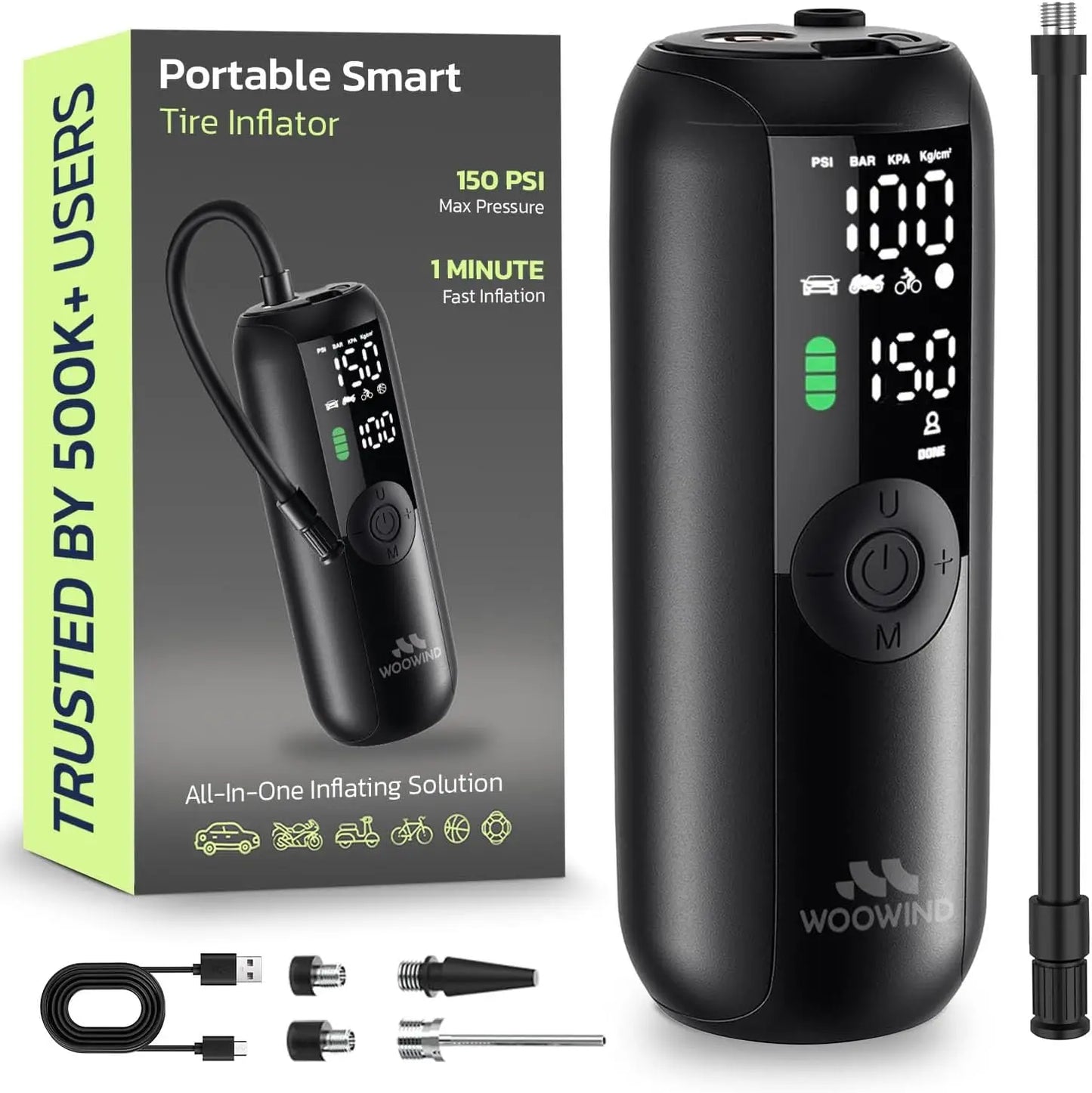 Compressore d'Aria Portatile Gonfiatore per Pneumatici, Pompa per Auto Senza Fili 150PSI con Manometro Digitale, Gonfiaggio Rapido in 1 Minuto per Auto, Bicicletta, Moto, Pallone