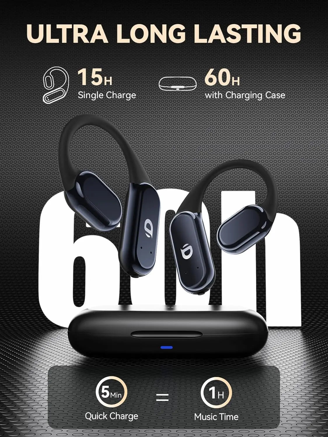 True Bone Conduction Earphones, OWS Open Ear Headphones, Bluetooth 5.3, 60H Playtime, IP68, for Sports