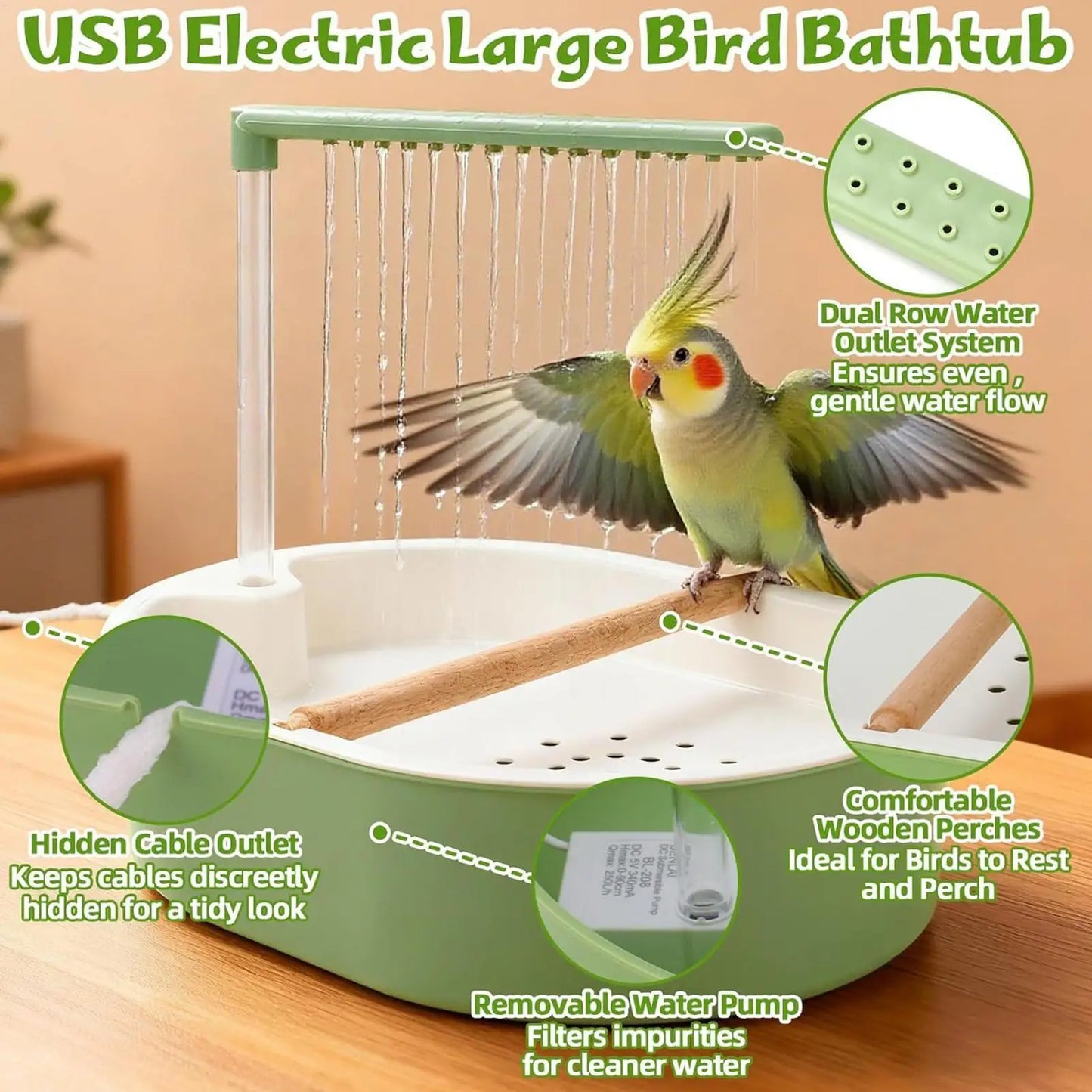 Bagno automatico per pappagalli con doccia, vasca per uccelli in gabbia, USB, acqua ricircolante, vasca da bagno per inseparabili e calopsitte, giocattolo per uccelli