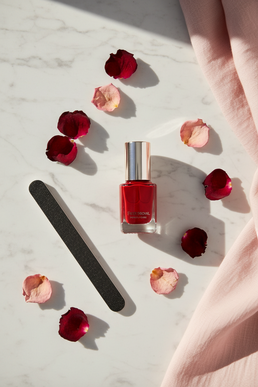 Smalto rosso professionale lifestyle flat lay su marmo bianco con petali di rosa