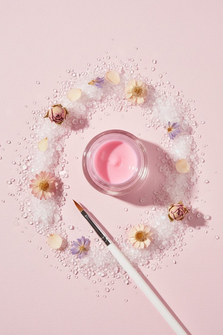 Gel UV LED rosa caramella lifestyle flat lay pastello con cristalli e fiori