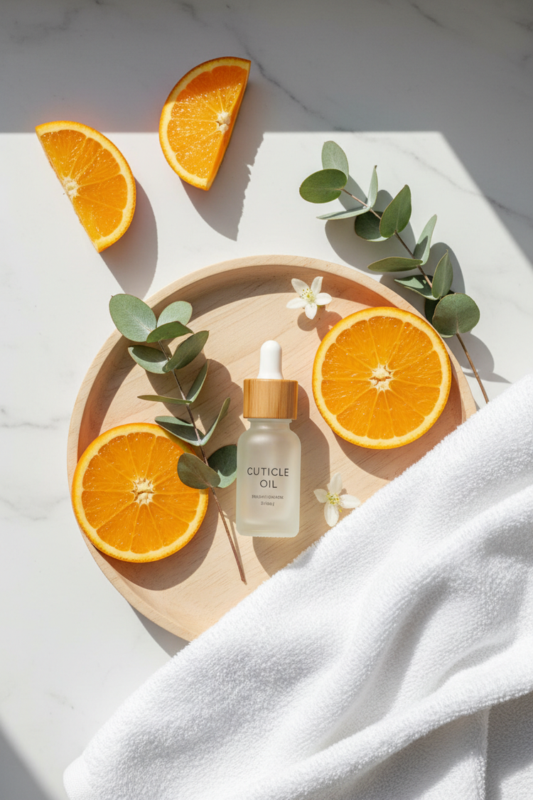 Olio cuticole arancia lifestyle flat lay spa con fette d&